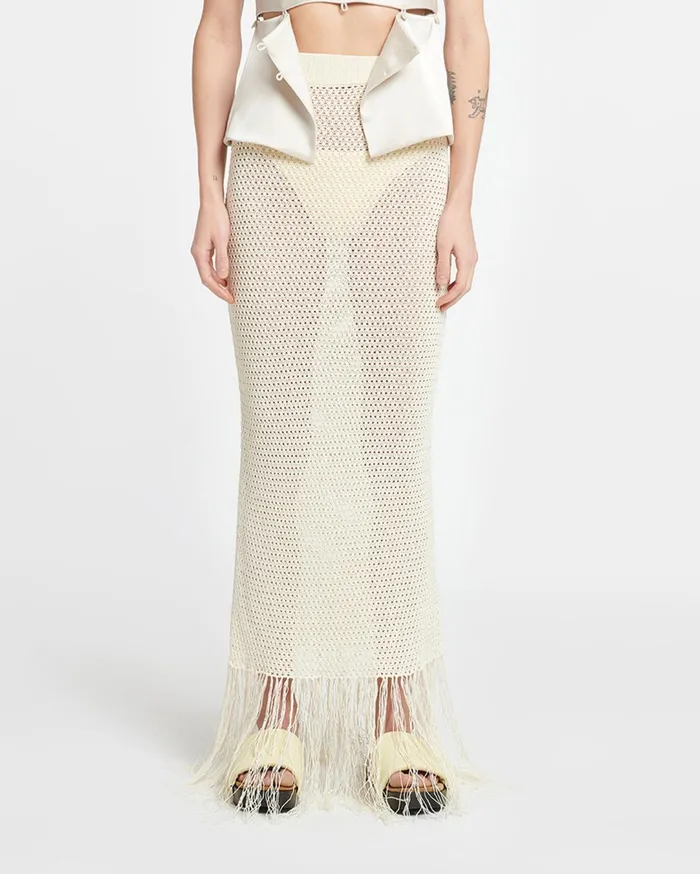 Nanushka Skirts Women Lindy Fringed Crochet Skirt Creme