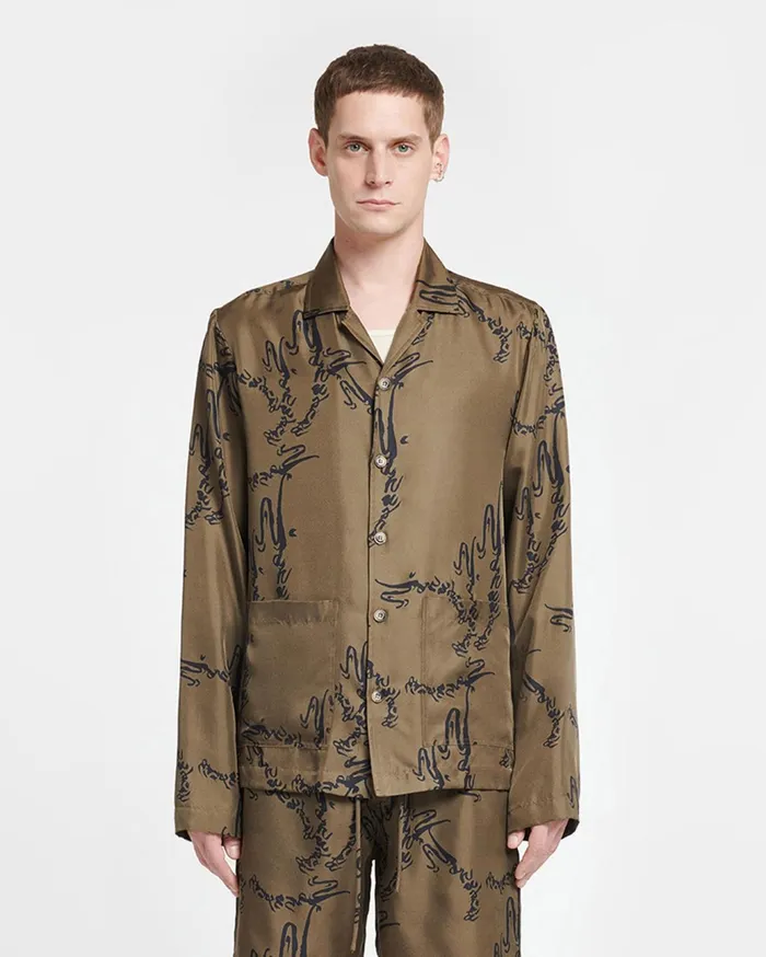 Nanushka Tops Men Emin Printed SilkTwill Shirt Calligraphy Khaki