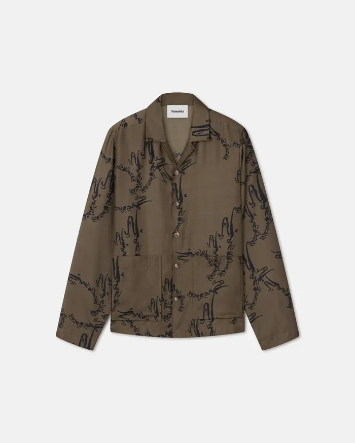 Nanushka Tops Men Emin Printed SilkTwill Shirt Calligraphy Khaki