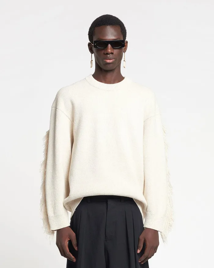 Nanushka Tops Men Julien Fringed TexturedLinen Sweatshirt NaturalBlack