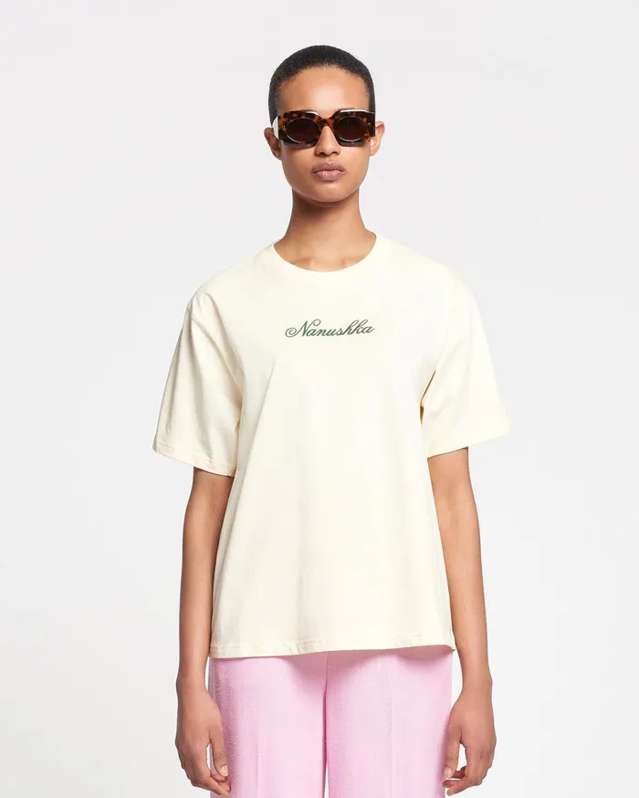 Nanushka Tops MenWomen Reece Embroidered CottonJersey TShirt CremeGreen