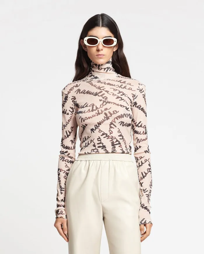 Nanushka Tops Women Harri MeshJersey Turtleneck Top Scribble Logo