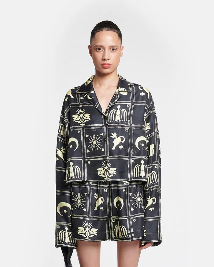 Nanushka Tops Women Vally Cropped Printed SilkTwill Shirt Folk Art Black