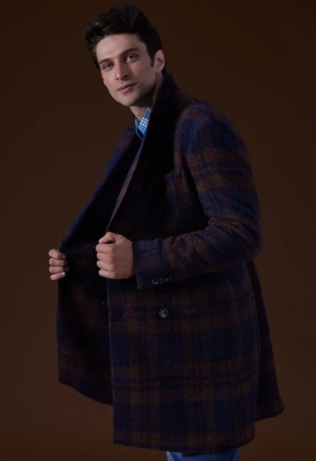 Paul Stuart Coats and Outerwear Double Breasted Boucle Plaid Coat Navybrown 8211 Men Paul Stuart Coats and Outerwear Double Breasted Boucle Plaid Coat Navybrown 8211 Men