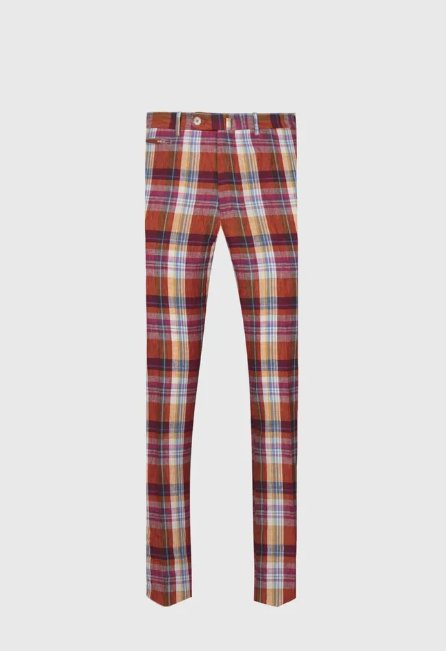 Paul Stuart Pants Linen Plaid Plain Front Dress Trouser Crimson 8211 Men
