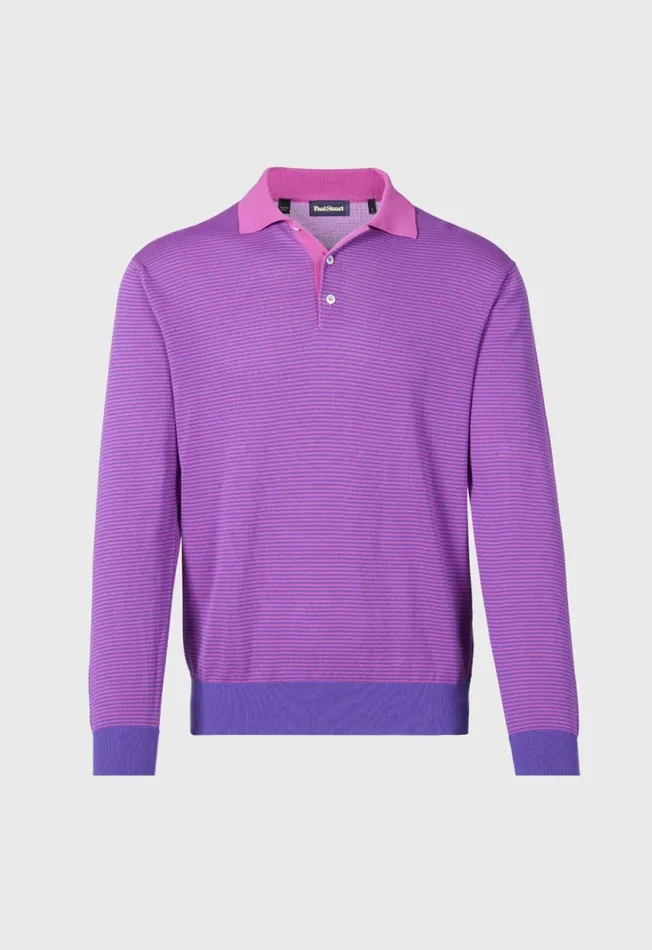 Paul Stuart Polos and TShirts Cotton Stripe Long Sleeve Polo Navy 8211 Men