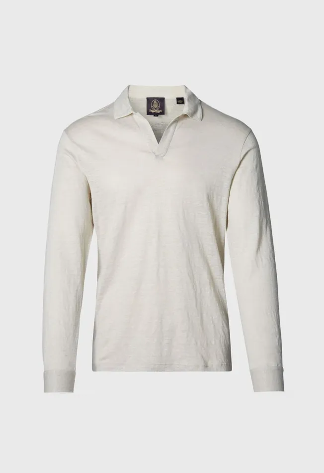 Paul Stuart Polos Linen Johnny Collar Long Sleeve Pullover Navy 8211 Men