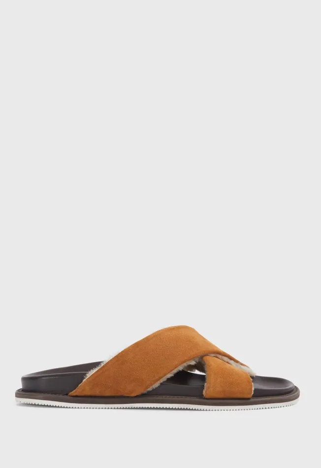 Paul Stuart Sandals Punta III Shearling Crossover Slide Cognac 8211 Men