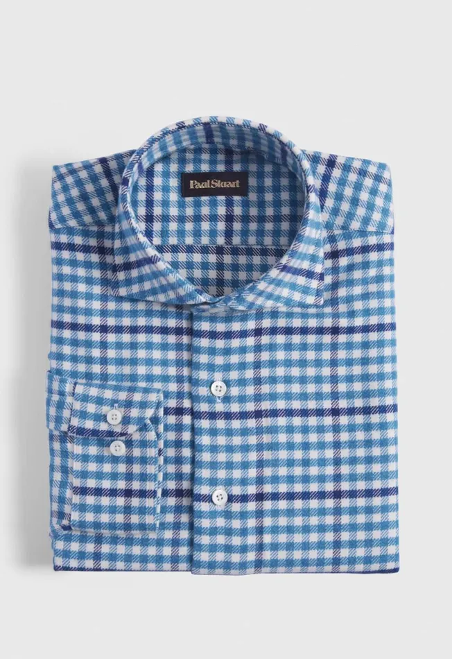 Paul Stuart Sport Shirts Flannel Small Plaid Sport Shirt Blue 8211 Men