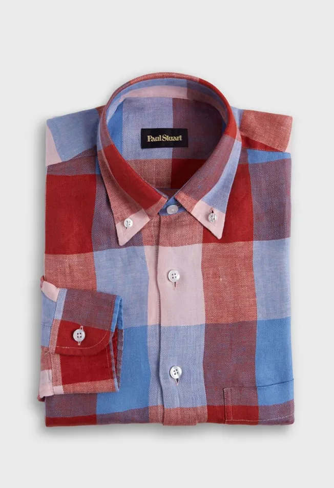 Paul Stuart Sport Shirts Linen Buffalo Check Sport Shirt Redlt Blue 8211 Men
