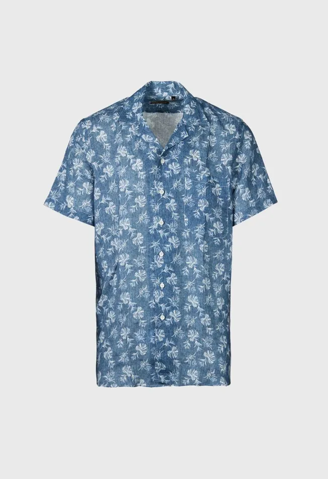 Paul Stuart Sport Shirts Linen Leaf Print Camp Shirt Denim 8211 Men