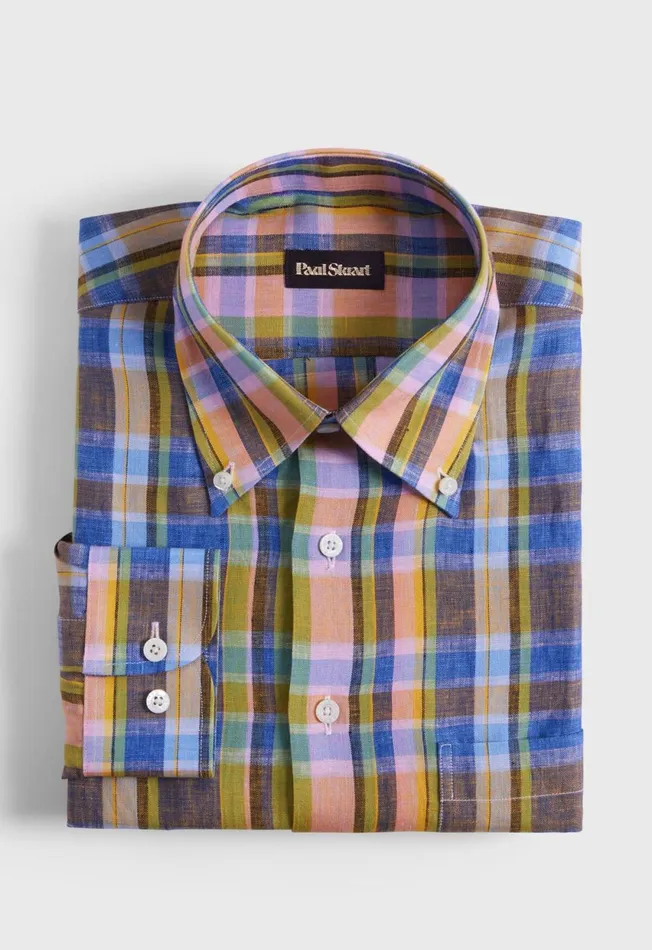 Paul Stuart Sport Shirts Linen Plaid Sport Shirt Orangegreen 8211 Men