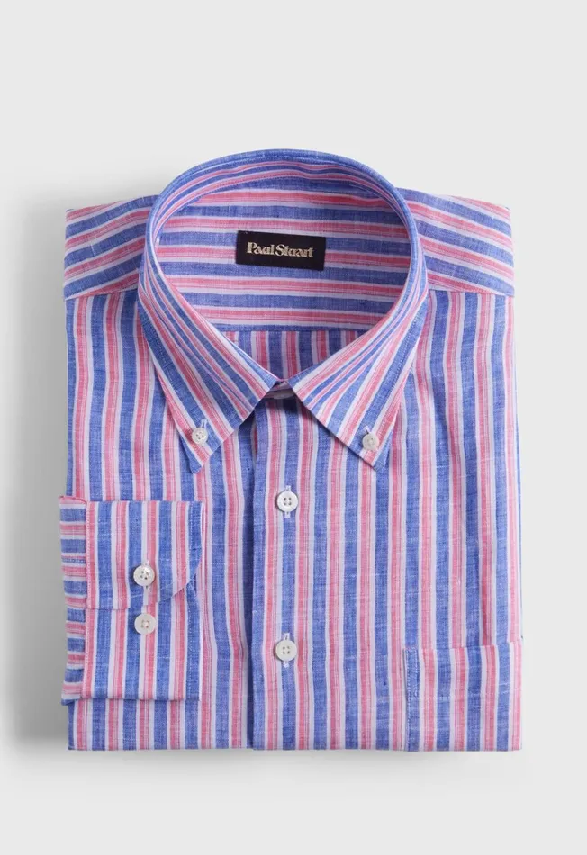 Paul Stuart Sport Shirts Linen Shadow Stripe Sport Shirt Bluered 8211 Men