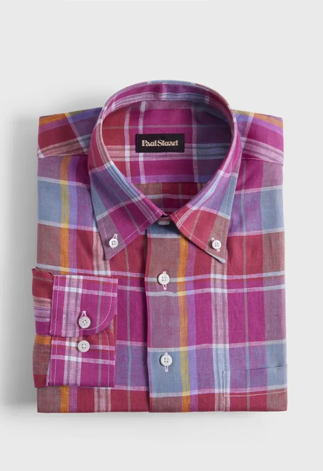 Paul Stuart Sport Shirts Oversized Plaid Linen Sport Shirt Magenta 8211 Men