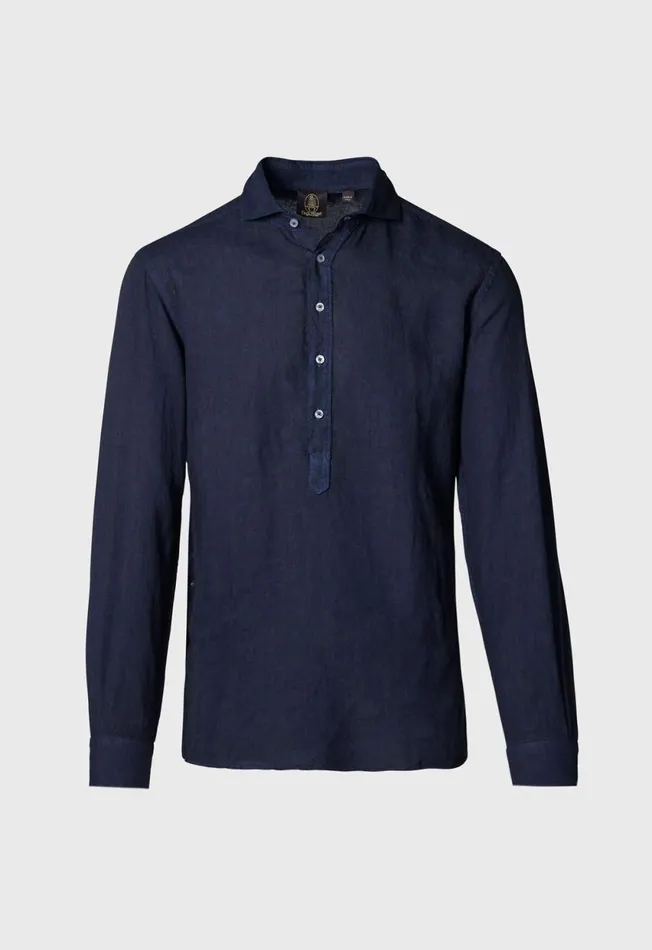Paul Stuart Sport Shirts Washed Linen Pullover Shirt Navy 8211 Men