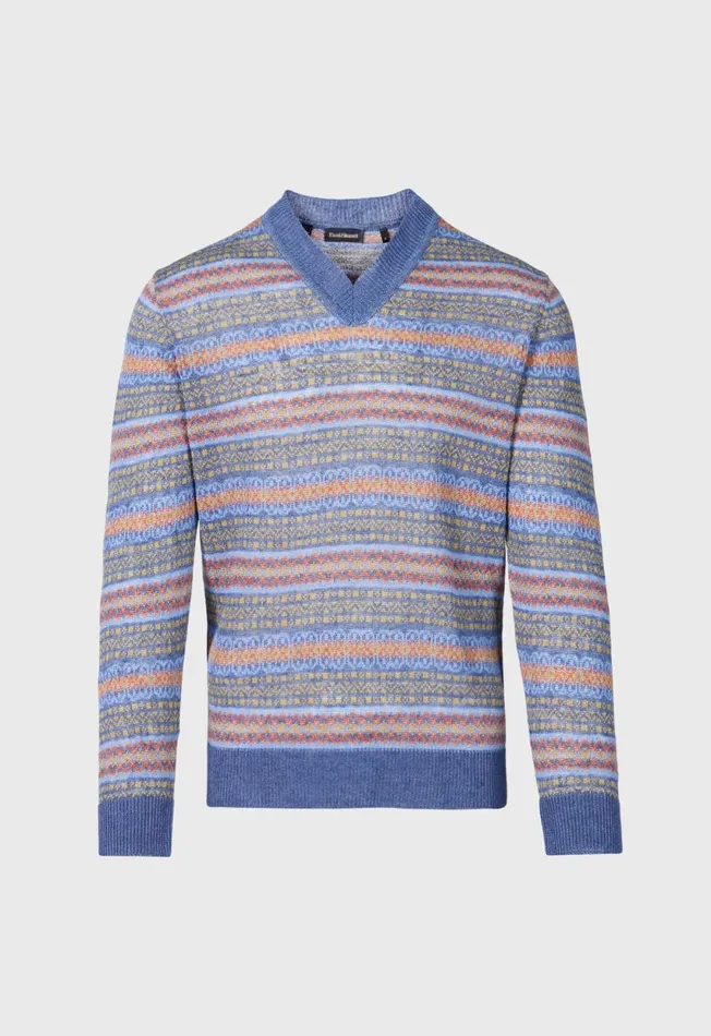 Paul Stuart Sweaters Linen Fair Isle Vneck Sweater Blue 8211 Men