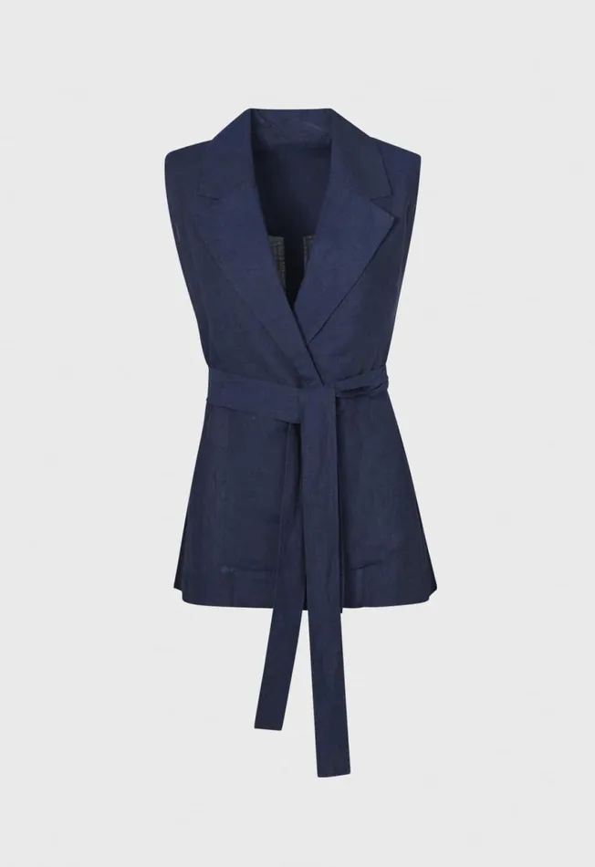 Paul Stuart Tops and Sweaters Linen Belted Vest Navy 8211 Women
