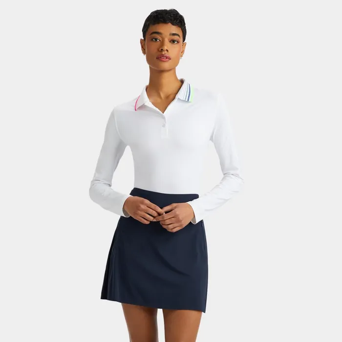 Rib Pleated Contrast Collar Silky Tech Nylon Long Sleeve Polo Snow Women GFORE Tops