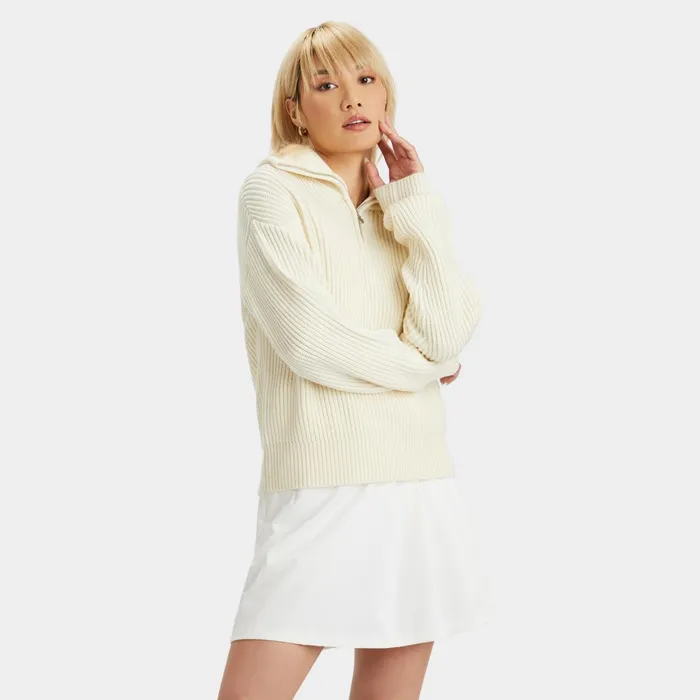 Ribbed Funnel Neck Quarter Zip Sweater Snow Women GFORE Tops