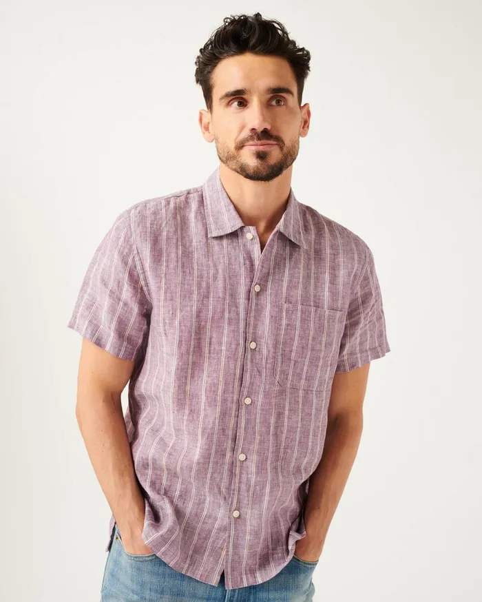 Shirts Men 7 For All Mankind One Pocket Camp Collar Shirt In Mauve Stripe