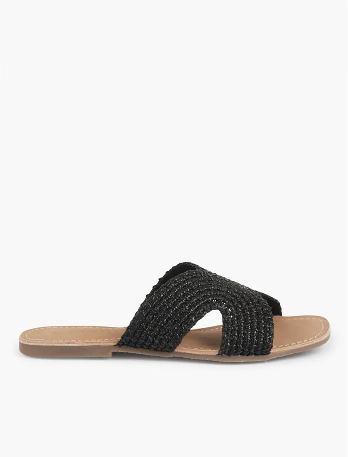 Shoes Women Lucky Brand Salt Umber Darium Woven Flat Slides Black