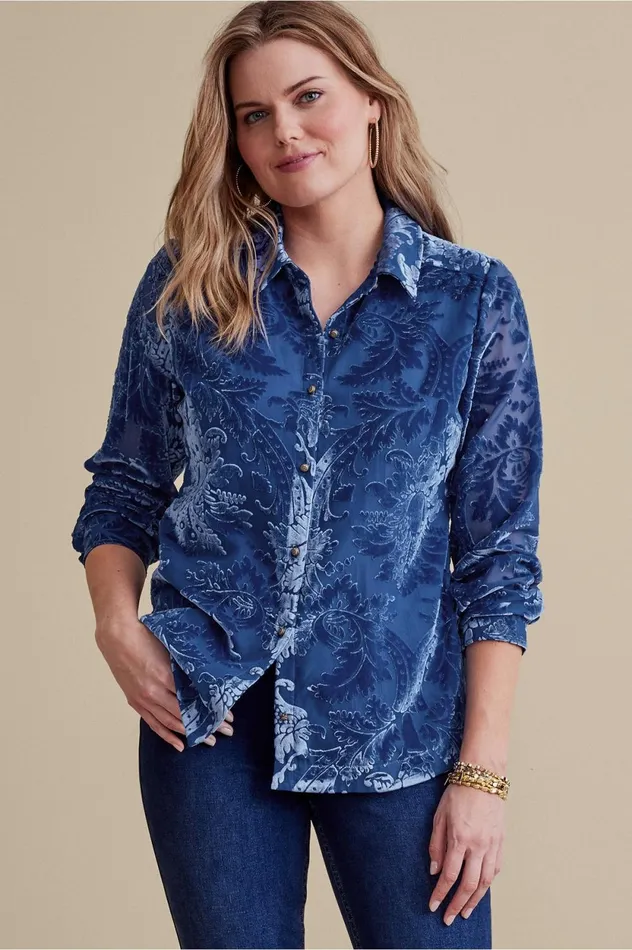 Soft Surroundings Floreat Velvet Shirt Sapphire Women Tops