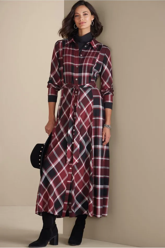 Soft Surroundings Gayle Tartan Dress Cabernet Women Dresses Soft Surroundings Gayle Tartan Dress Cabernet Women Dresses