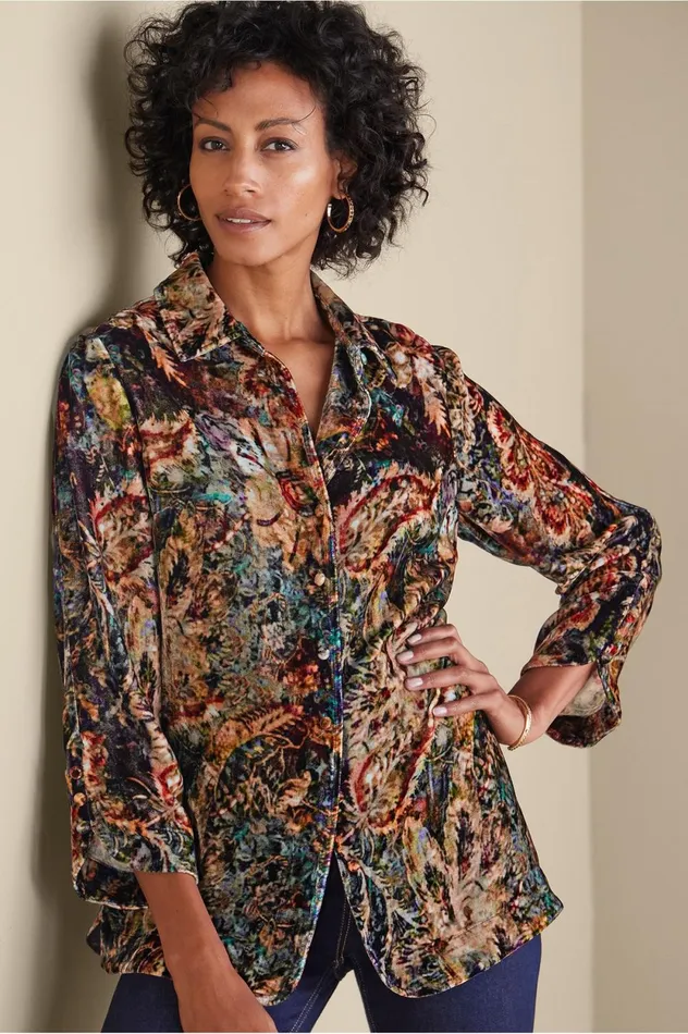 Soft Surroundings Icon Silk Velvet Poets Shirt Natural Animal Women Tops