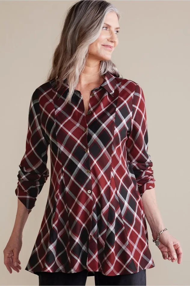 Soft Surroundings Joelle Plaid Tunic Cabernet Plaid Women Tops
