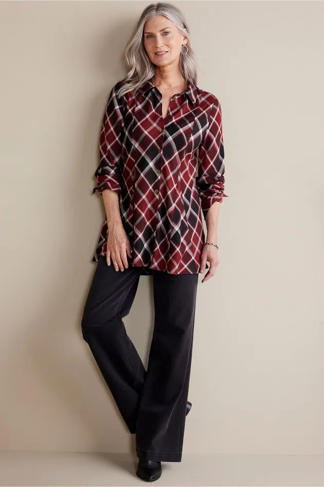 Soft Surroundings Joelle Plaid Tunic Cabernet Plaid Women Tops Soft Surroundings Joelle Plaid Tunic Cabernet Plaid Women Tops