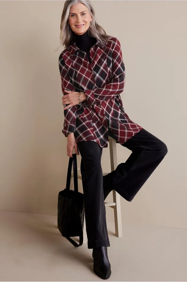 Soft Surroundings Joelle Plaid Tunic Cabernet Plaid Women Tops Soft Surroundings Joelle Plaid Tunic Cabernet Plaid Women Tops