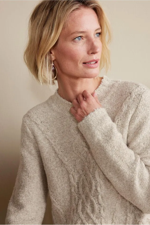 Soft Surroundings Marianna Cable Sweater Heather Taupe Women Sweaters and Cardigans Soft Surroundings Marianna Cable Sweater Heather Taupe Women Sweaters and Cardigans