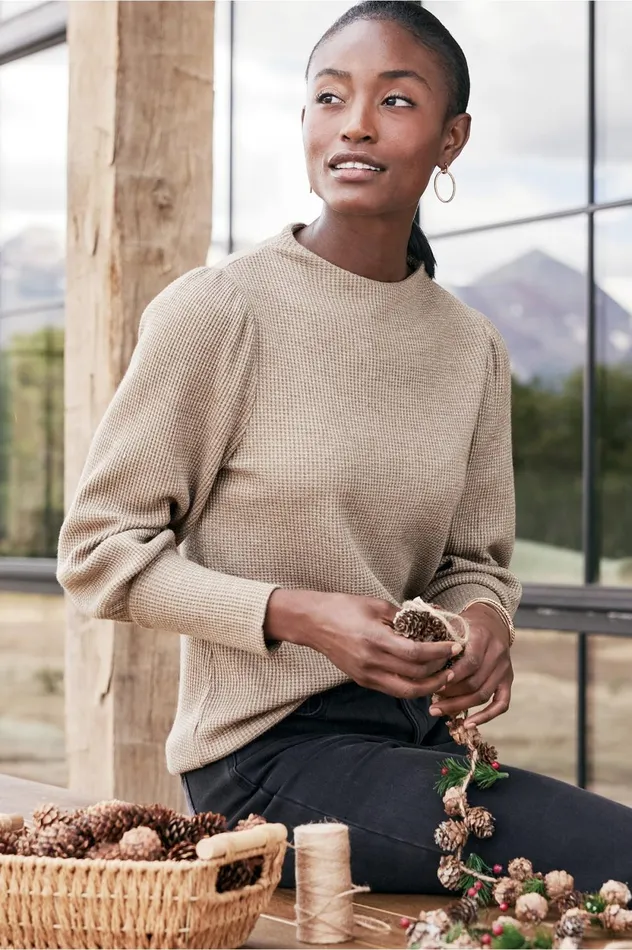 Soft Surroundings Melina Waffle Pullover Heather Driftwood Women Tops Soft Surroundings Melina Waffle Pullover Heather Driftwood Women Tops