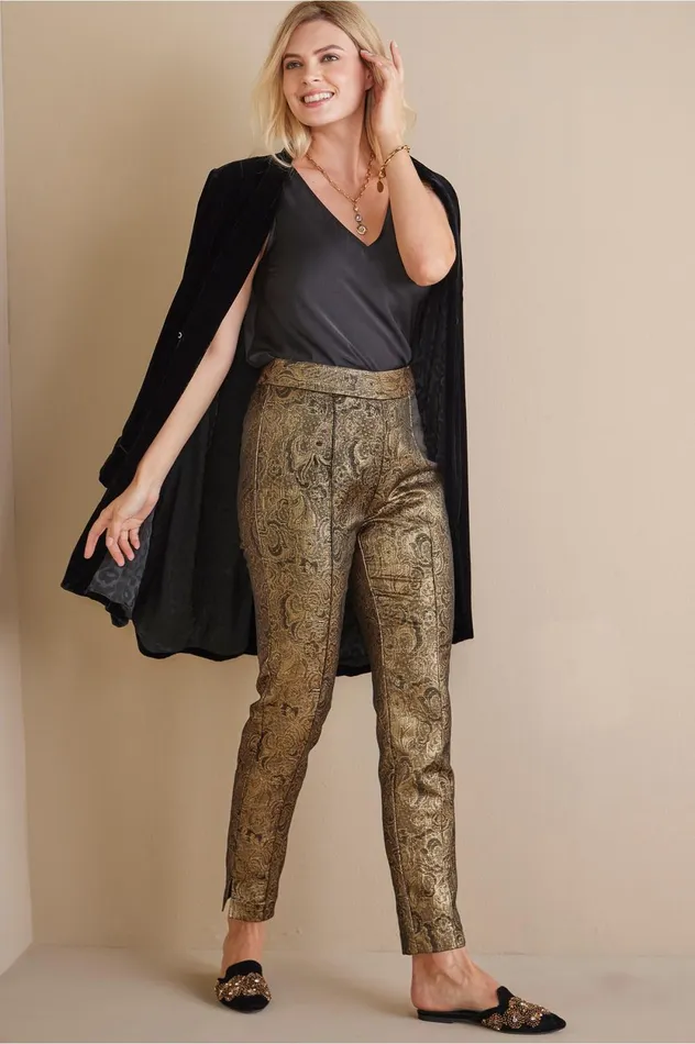 Soft Surroundings Nevina Jacquard Trouser Gold Floral Women Pants