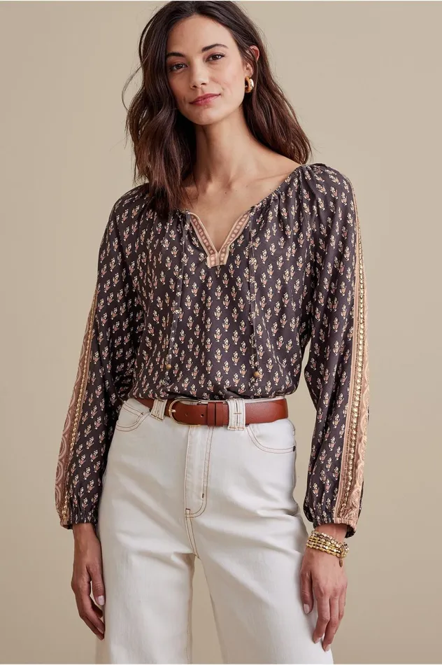 Soft Surroundings Petites Jolene Blouse Neutral Geo Women Tops