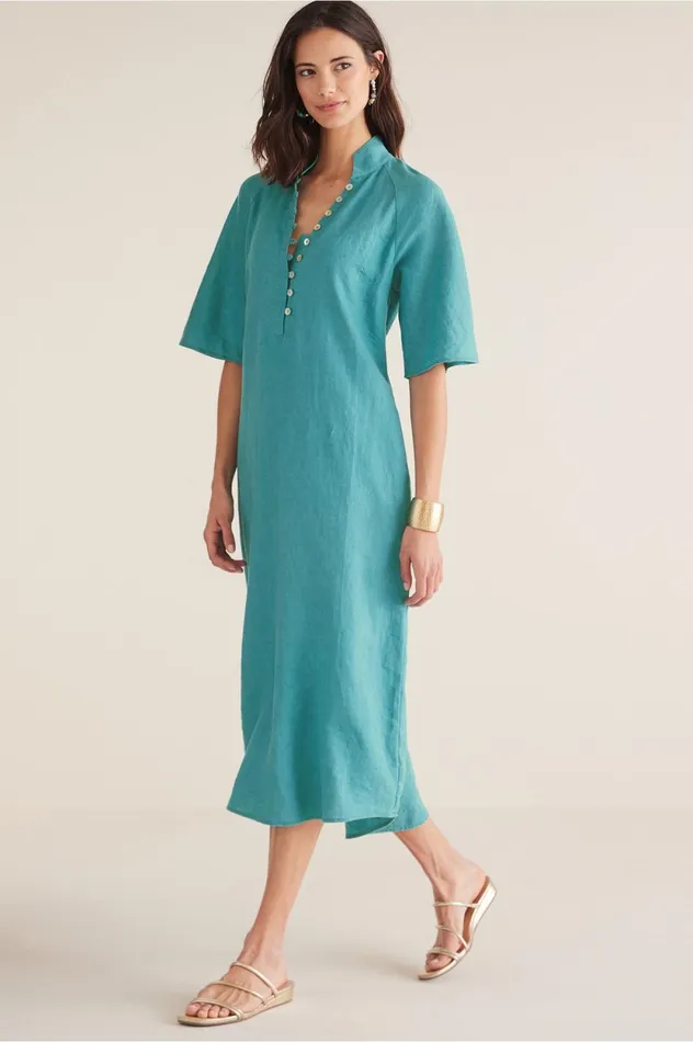 Soft Surroundings Petites Theodora Linen Dress Teal Women Dresses