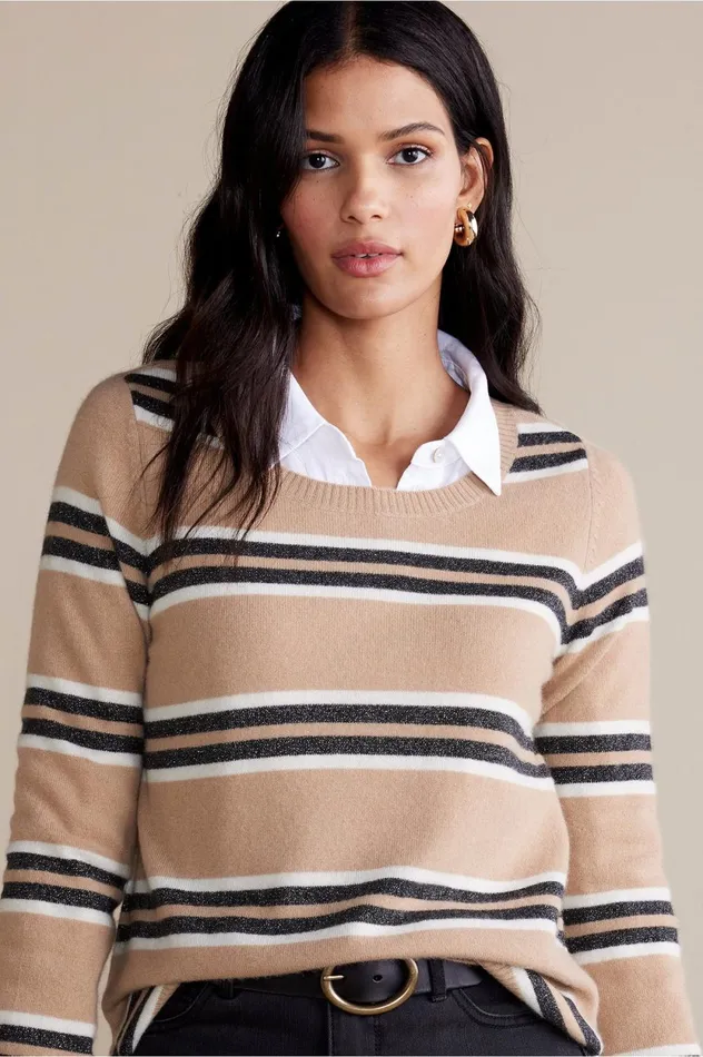 Soft Surroundings Shayna Cashmere Sweater Camel Stripe Women Sweaters and Cardigans Soft Surroundings Shayna Cashmere Sweater Camel Stripe Women Sweaters and Cardigans