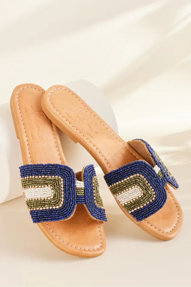 Soft Surroundings Skemo Cabo Beaded Slide Blue Multi Women Shoes