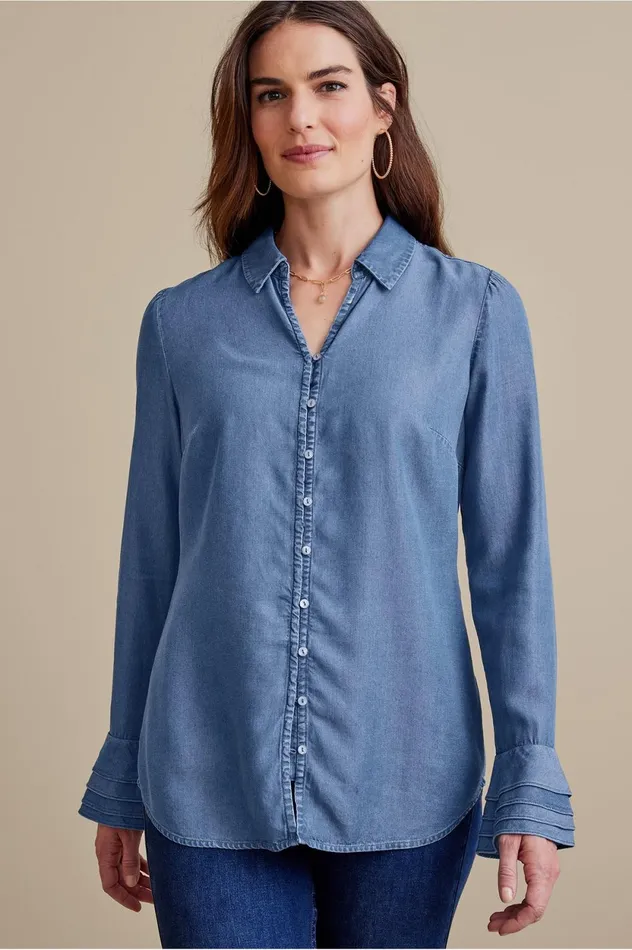 Soft Surroundings Sonnet Tencel Shirt Chambray Women Tops