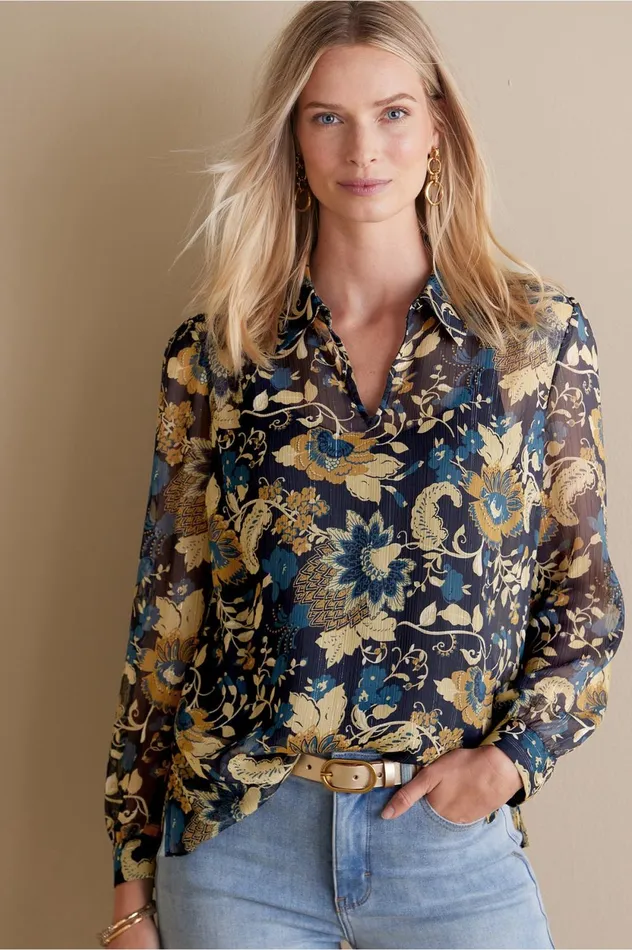 Soft Surroundings Viola Shimmer Blouse Multi Floral Women Tops