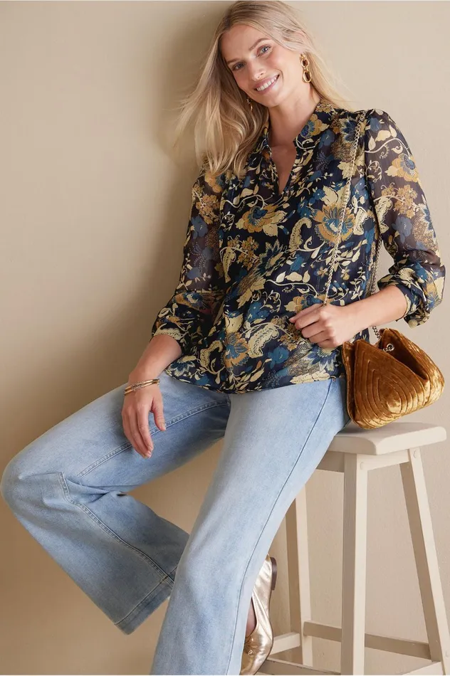Soft Surroundings Viola Shimmer Blouse Multi Floral Women Tops Soft Surroundings Viola Shimmer Blouse Multi Floral Women Tops