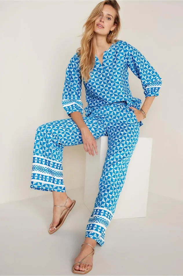 Soft Surroundings Women Narah Pants Blue White Geo Women Pants