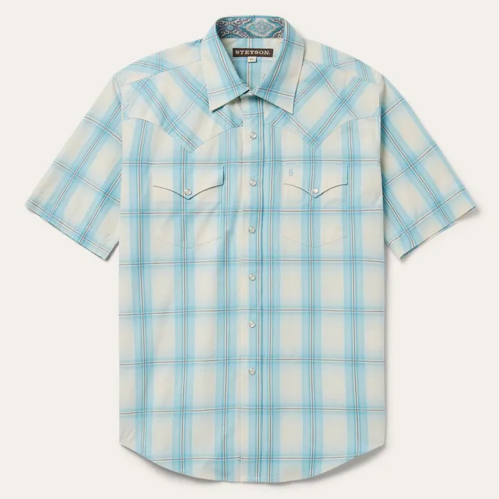 Stetson Classic Cut Men Aqua Ombre Plaid Short Sleeve Western Shirt Blue