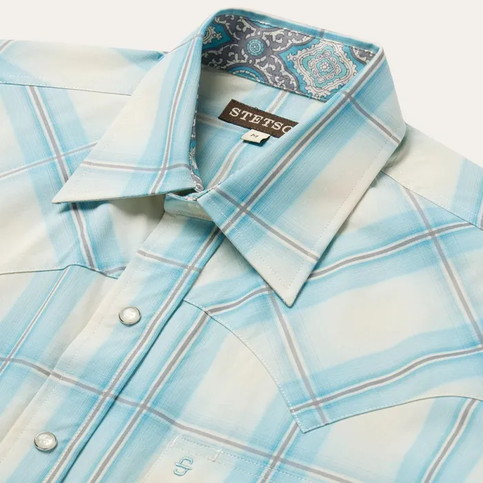Stetson Classic Cut Men Aqua Ombre Plaid Short Sleeve Western Shirt Blue