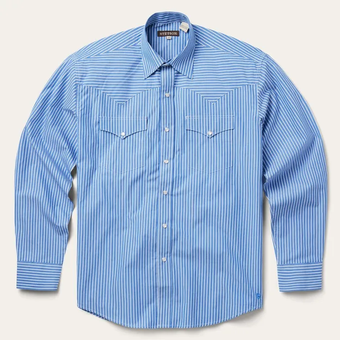 Stetson Classic Cut Men Blue Western Stripe Shirt Blue