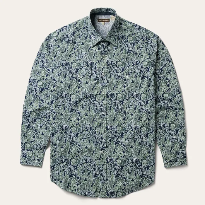 Stetson Classic Cut Men Greenspring Paisley Print Western Shirt Blue