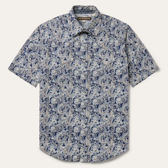 Stetson Classic Cut Men Greenspring Paisley Short Sleeve Western Shirt Blue