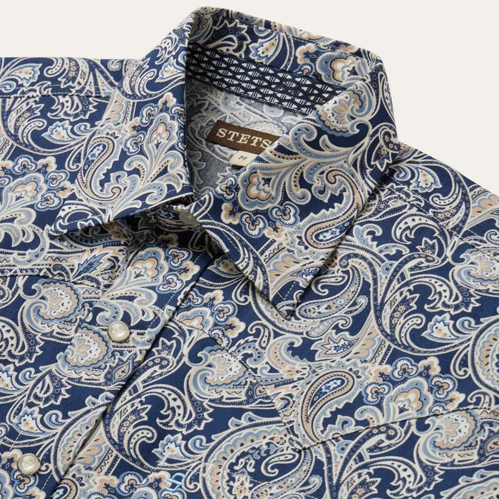 Stetson Classic Cut Men Greenspring Paisley Short Sleeve Western Shirt Blue
