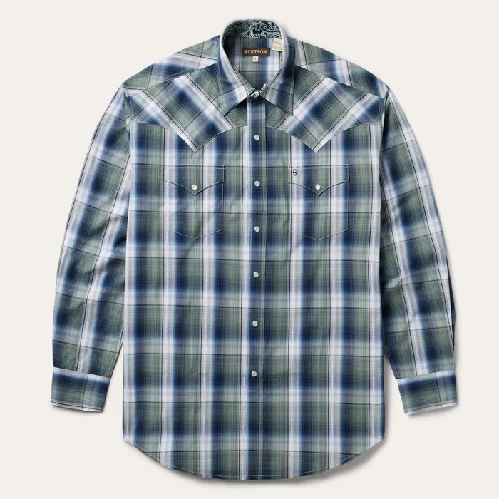 Stetson Classic Cut Men Lucky Diamond Plaid Western Shirt Green