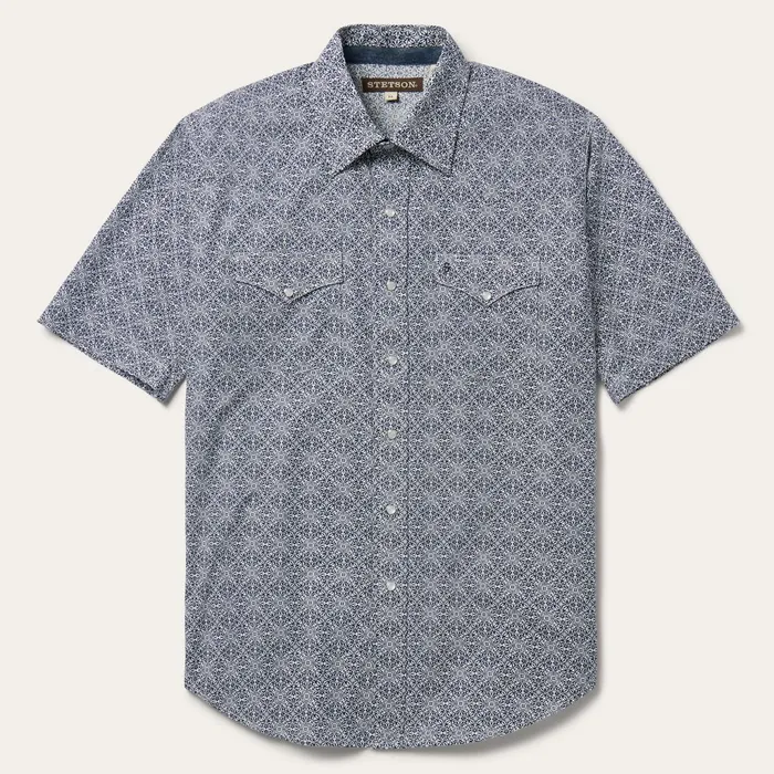 Stetson Classic Cut Men Navy Print Short Sleeve Western Shirt Blue